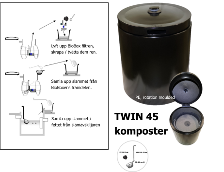 Lyft upp BioBox filtren,  skrapa / tvätta dem ren. Samla upp slammet från  BioBoxens framdelen. Samla upp slammet / fettet från slamavskiljaren TWIN 45  komposter PE, rotation moulded